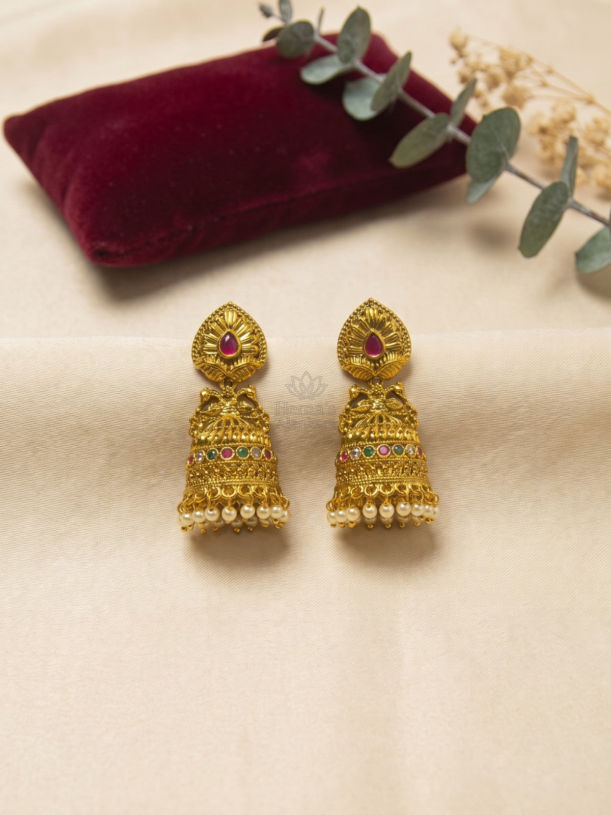 Antique Gold Peacock Jhumka Earrings with Multicolor Stones & Pearl Drops