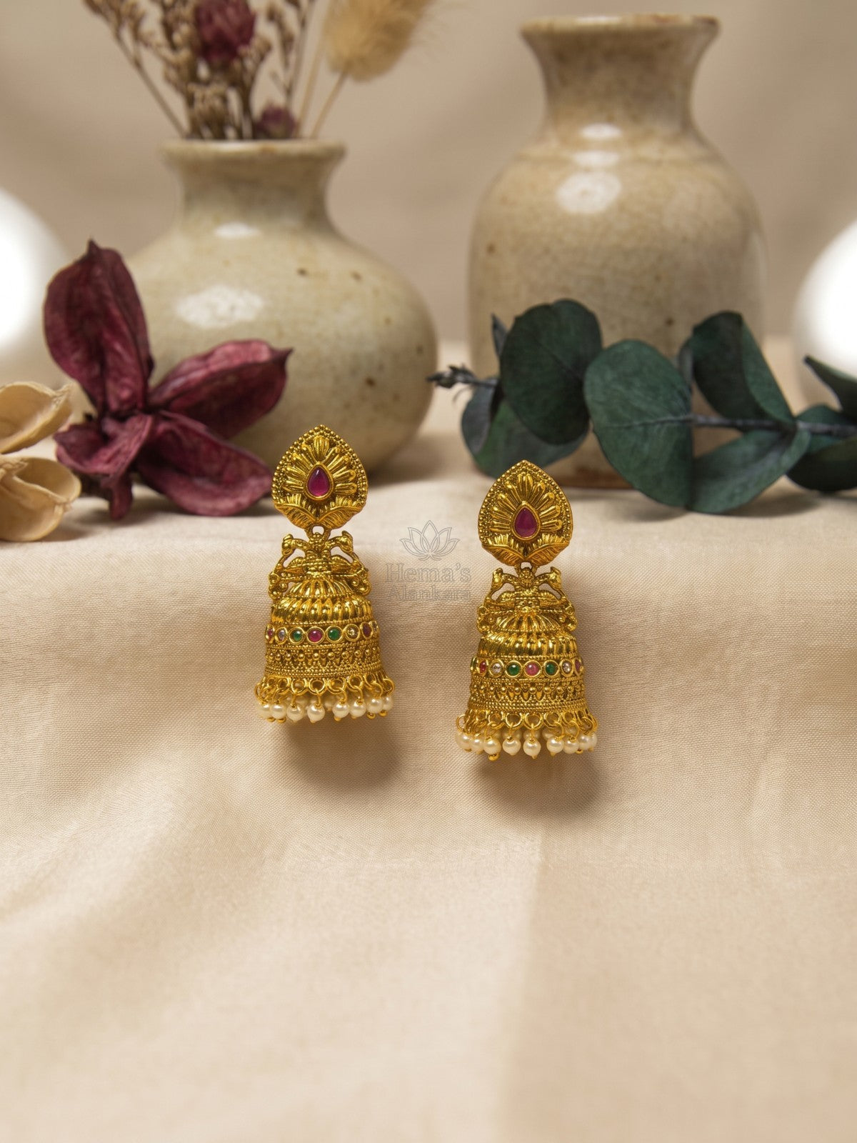 Antique Gold Peacock Jhumka Earrings with Multicolor Stones & Pearl Drops