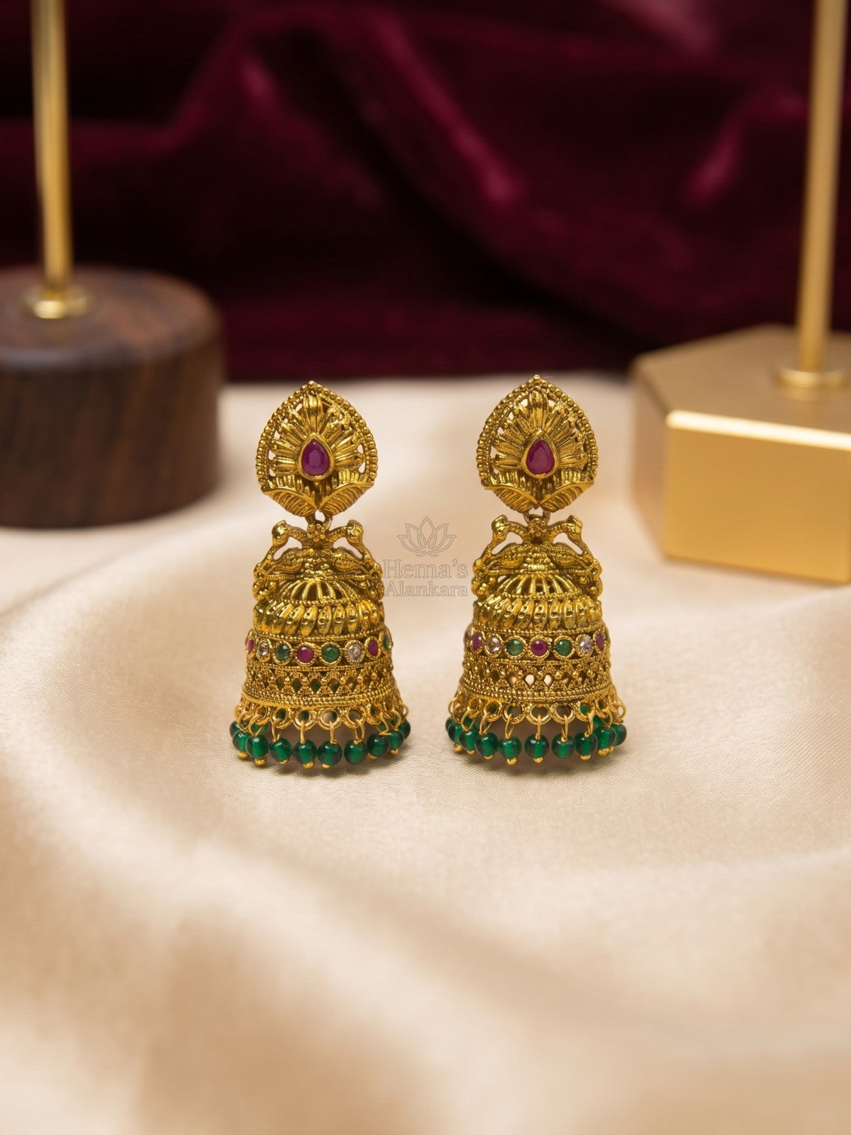 Antique Gold Peacock Jhumka Earrings with Ruby Green Stones & Green Beads