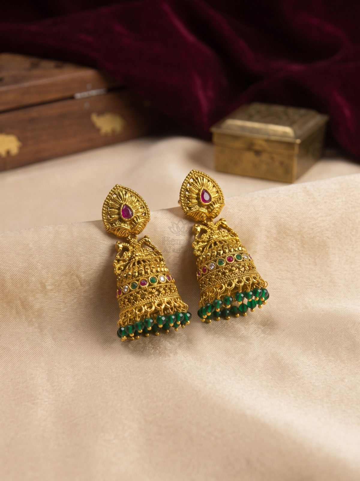 Antique Gold Peacock Jhumka Earrings with Ruby Green Stones & Green Beads