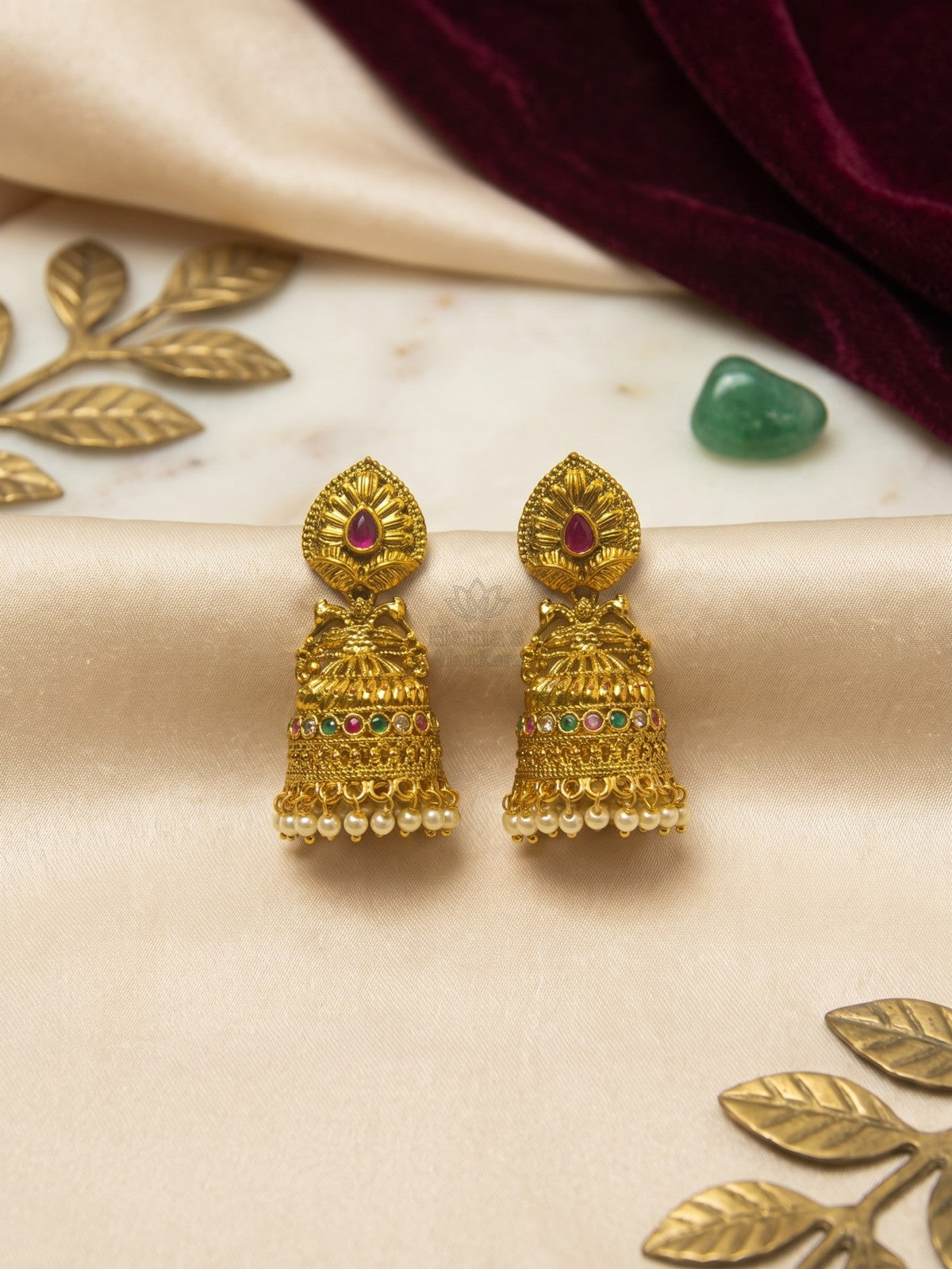 Antique Gold Peacock Jhumka Earrings with Multicolor Stones & Pearl Drops