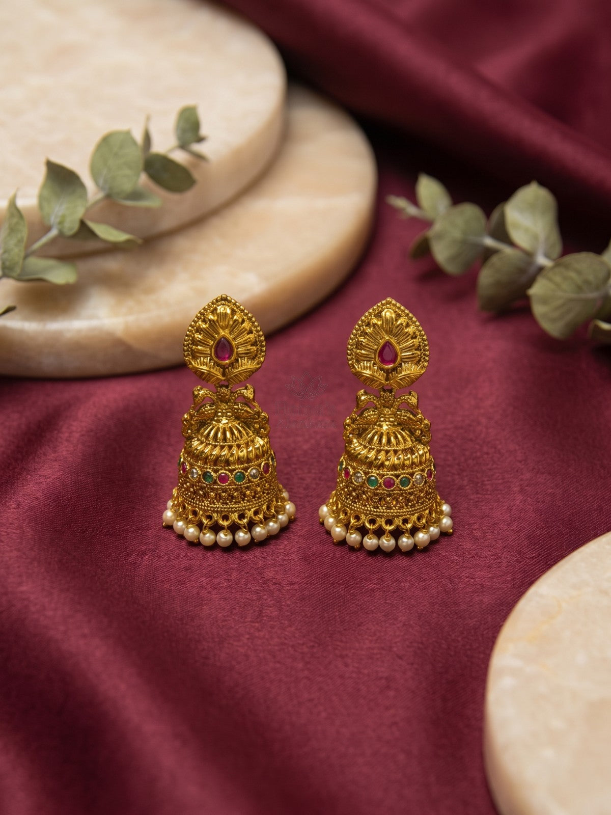 Antique Gold Peacock Jhumka Earrings with Multicolor Stones & Pearl Drops