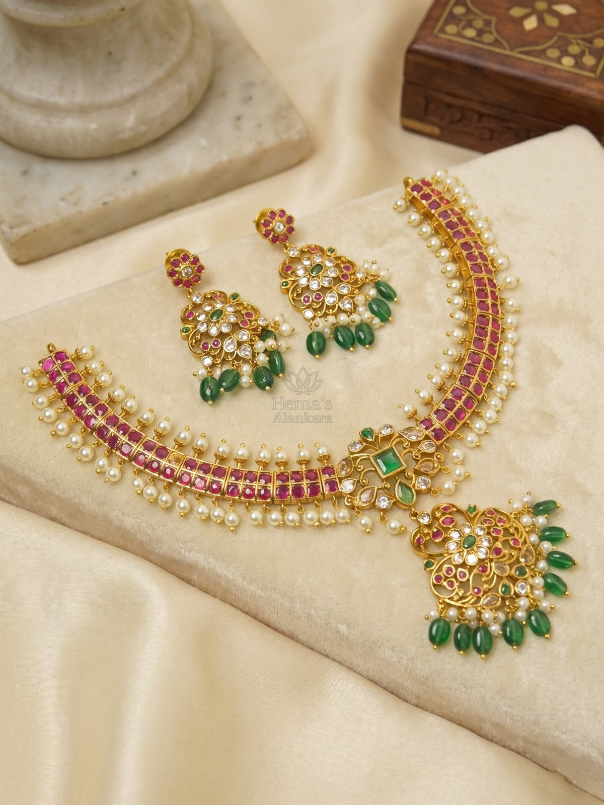 Ratna Kempu Addigai with Muthu Drops & Jhumka – Heritage Choker Set
