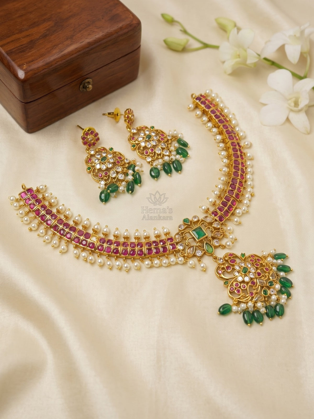 Ratna Kempu Addigai with Muthu Drops & Jhumka – Heritage Choker Set