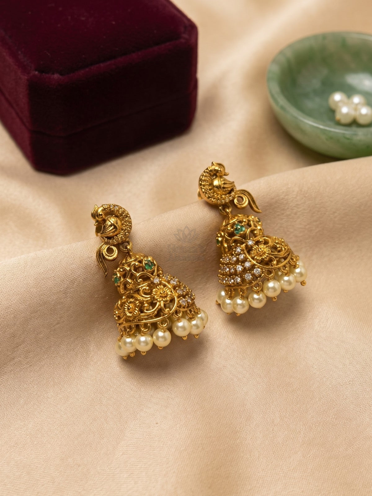 Antique Golden Peacock CZ Jhumka Earrings with Pearl Drops