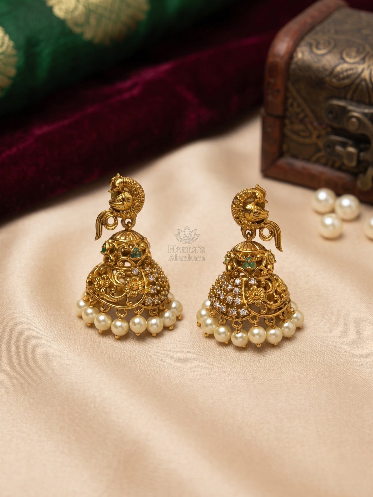 Antique Golden Peacock CZ Jhumka Earrings with Pearl Drops