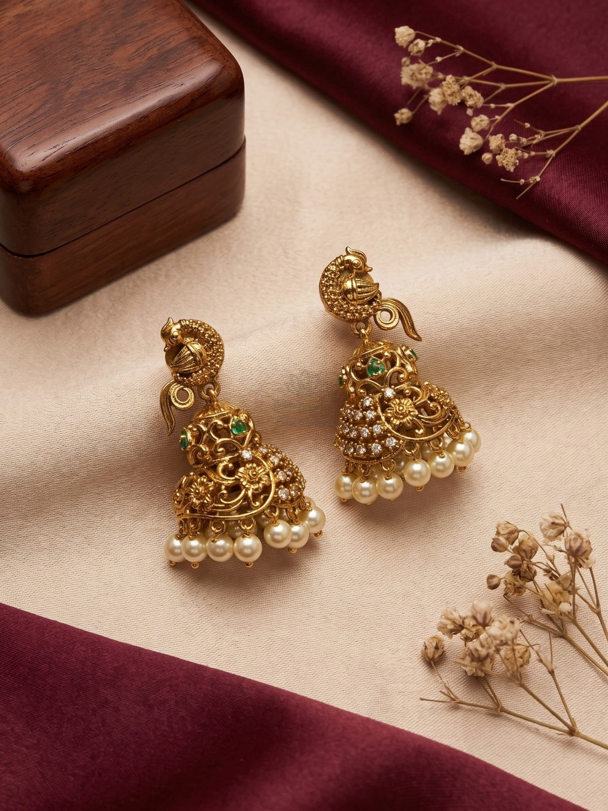 Antique Golden Peacock CZ Jhumka Earrings with Pearl Drops