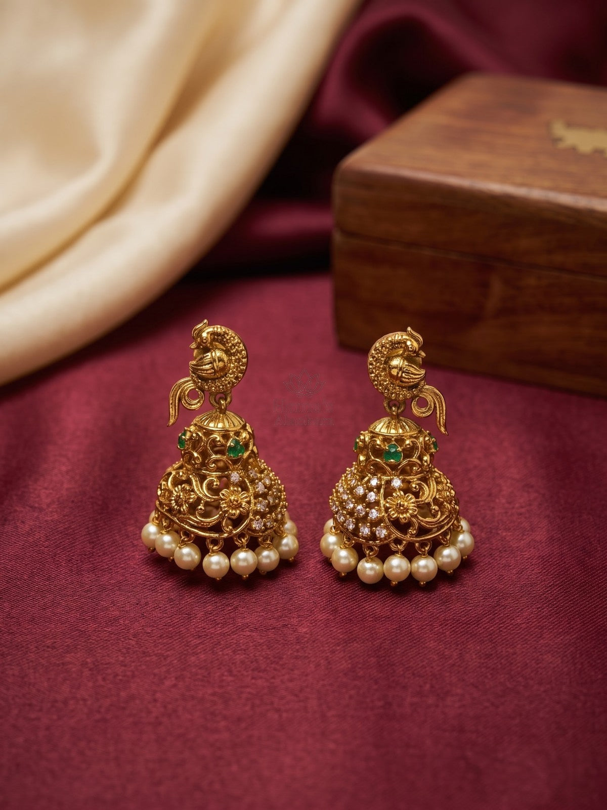 Antique Golden Peacock CZ Jhumka Earrings with Pearl Drops