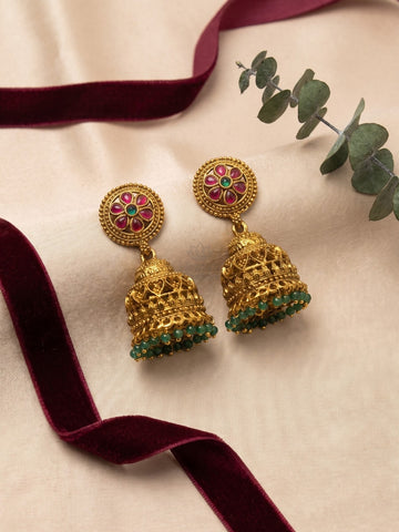 Antique Circular Ruby Jhumka Earrings with Green Beads