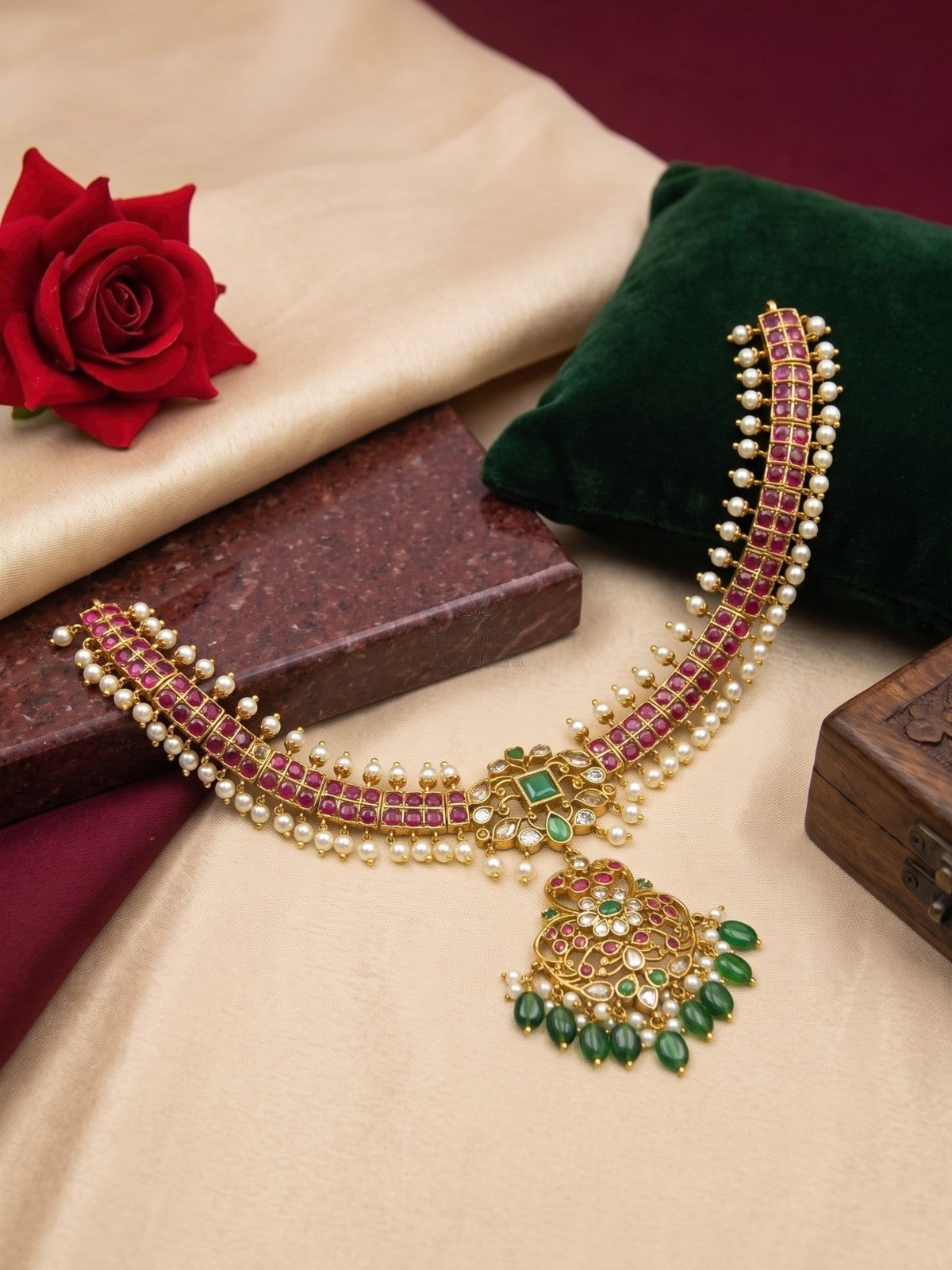 Ratna Kempu Addigai with Muthu Drops & Jhumka – Heritage Choker Set
