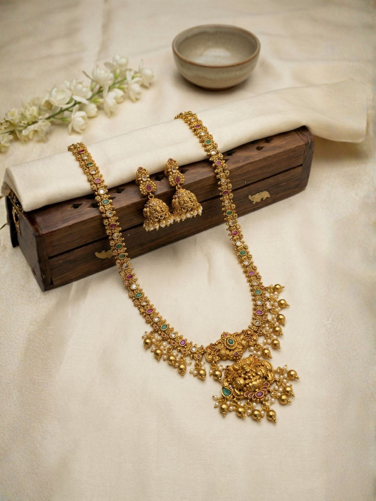 Antique Lakshmi Temple Long Haram with Multicolor Stones & Jhumkas