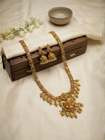Antique Lakshmi Temple Long Haram with Multicolor Stones & Jhumkas