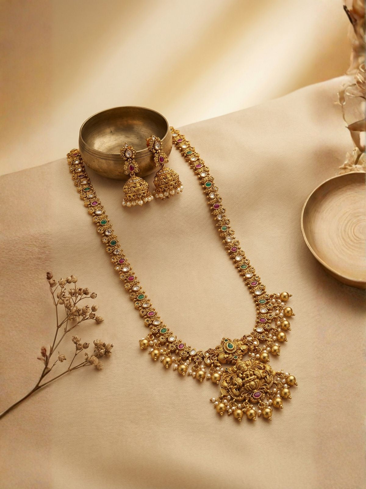 Antique Lakshmi Temple Long Haram with Multicolor Stones & Jhumkas