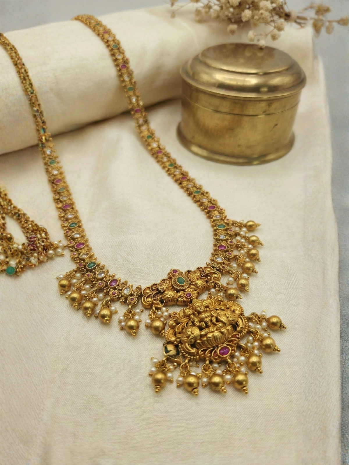 Antique Lakshmi Temple Long Haram with Multicolor Stones & Jhumkas