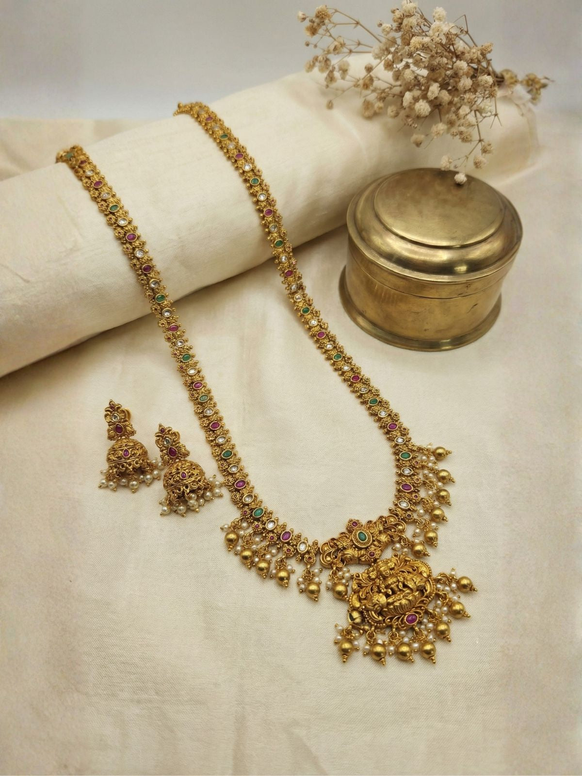 Antique Lakshmi Temple Long Haram with Multicolor Stones & Jhumkas