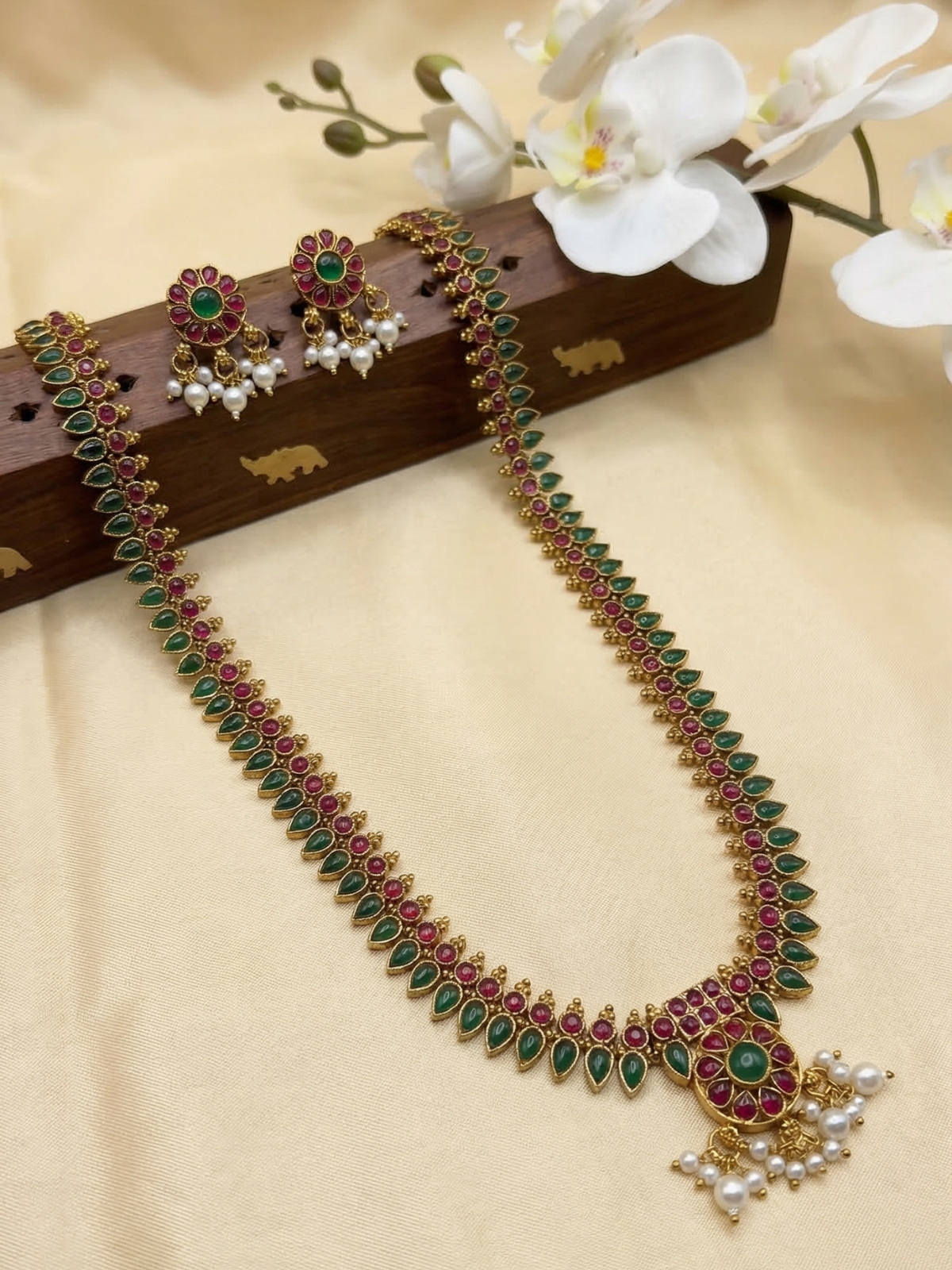 Ruby Green Mango Haram Necklace Set with Pearl Drops