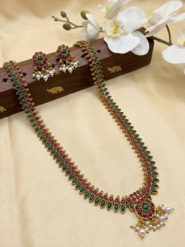 Ruby Green Mango Haram Necklace Set with Pearl Drops