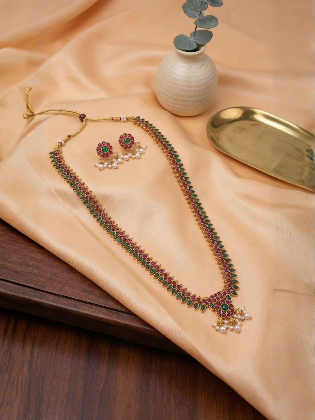 Ruby Green Mango Haram Necklace Set with Pearl Drops
