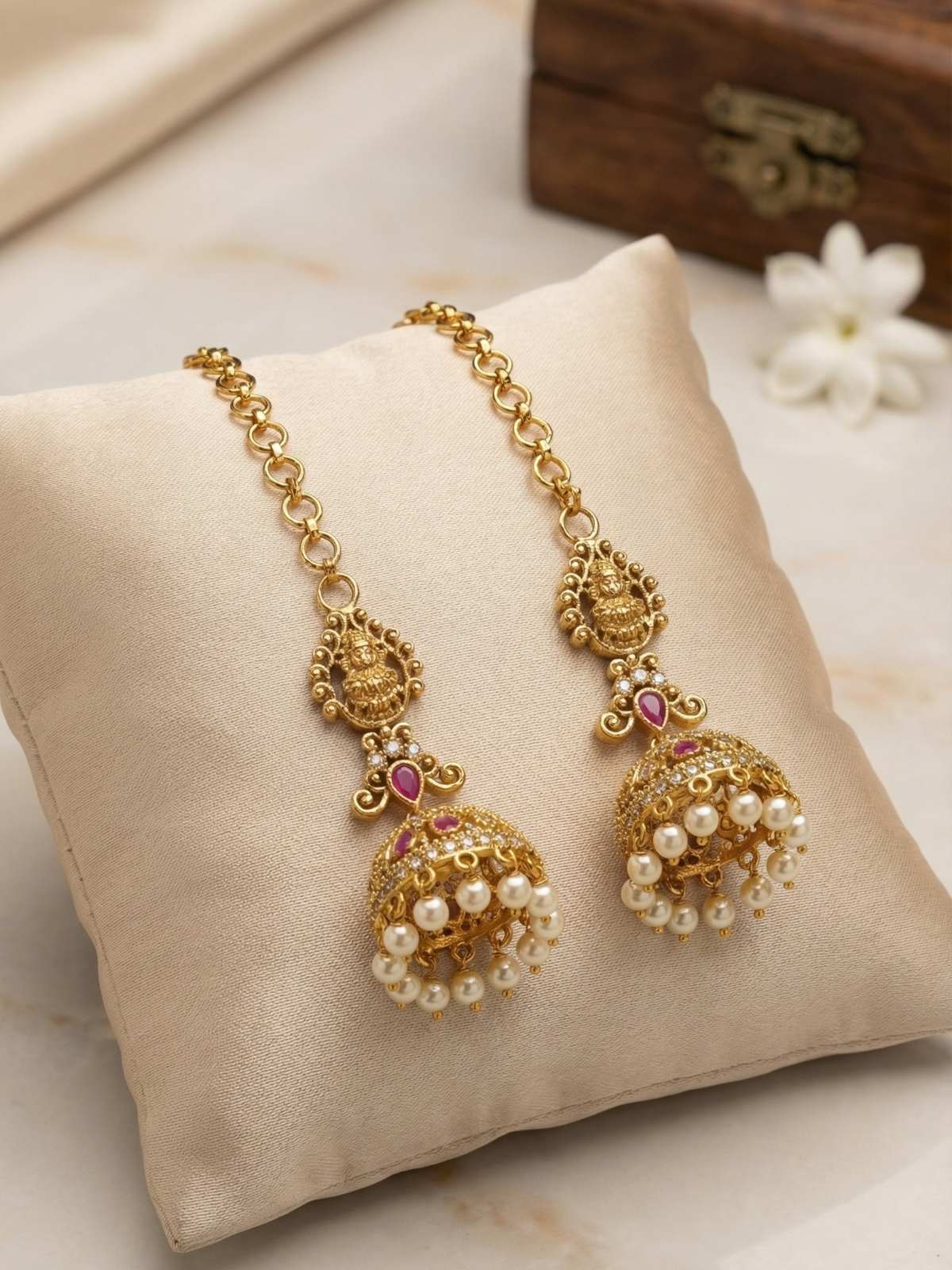 Antique Lakshmi Pink Stone Pearl Jhumka Earrings with Chain