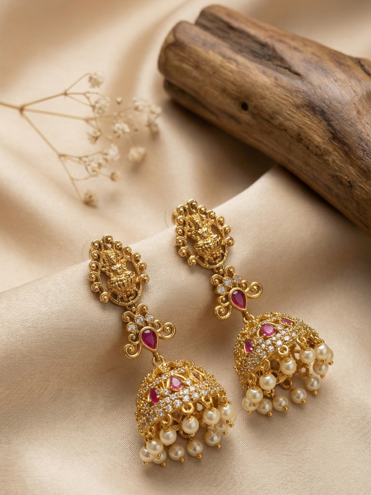 Antique Lakshmi Pink Stone Pearl Jhumka Earrings with Chain