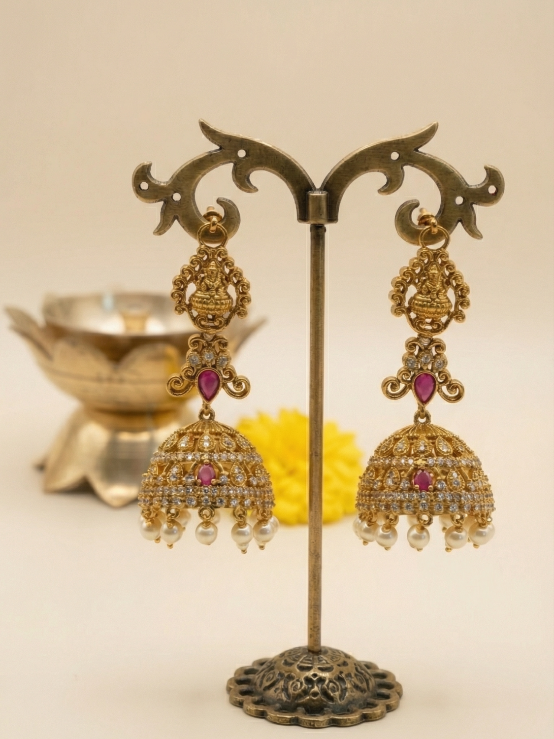 Antique Lakshmi Pink Stone Pearl Jhumka Earrings with Chain