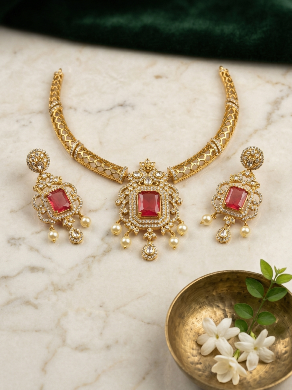 Royal Red Stone Hasli Necklace Set with Pearl Drops & Matching Earrings