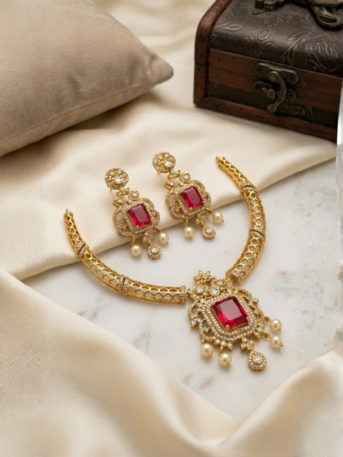 Royal Red Stone Hasli Necklace Set with Pearl Drops & Matching Earrings
