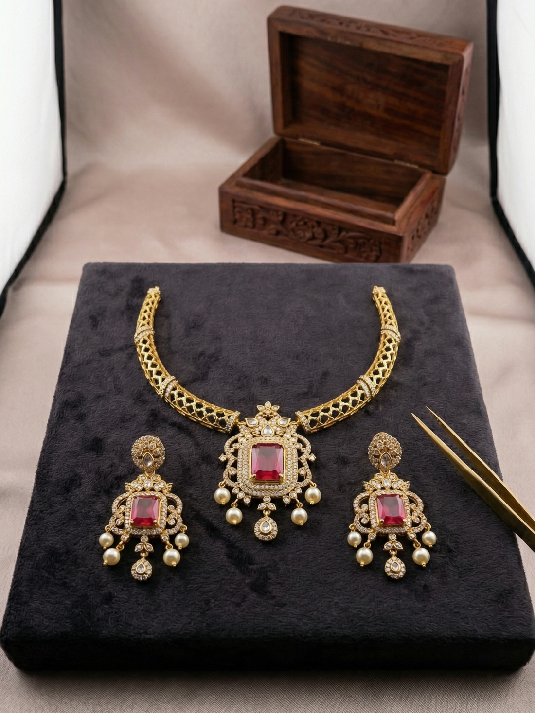 Royal Red Stone Hasli Necklace Set with Pearl Drops & Matching Earrings