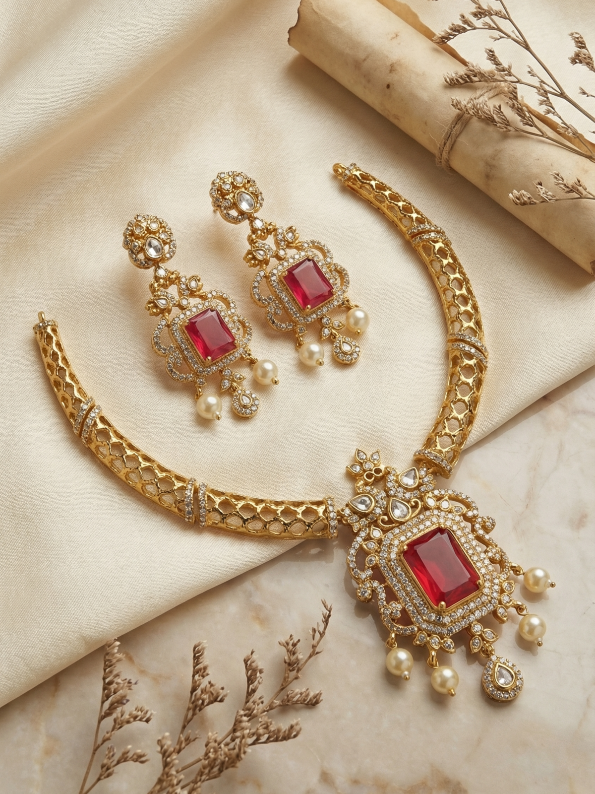 Royal Red Stone Hasli Necklace Set with Pearl Drops & Matching Earrings