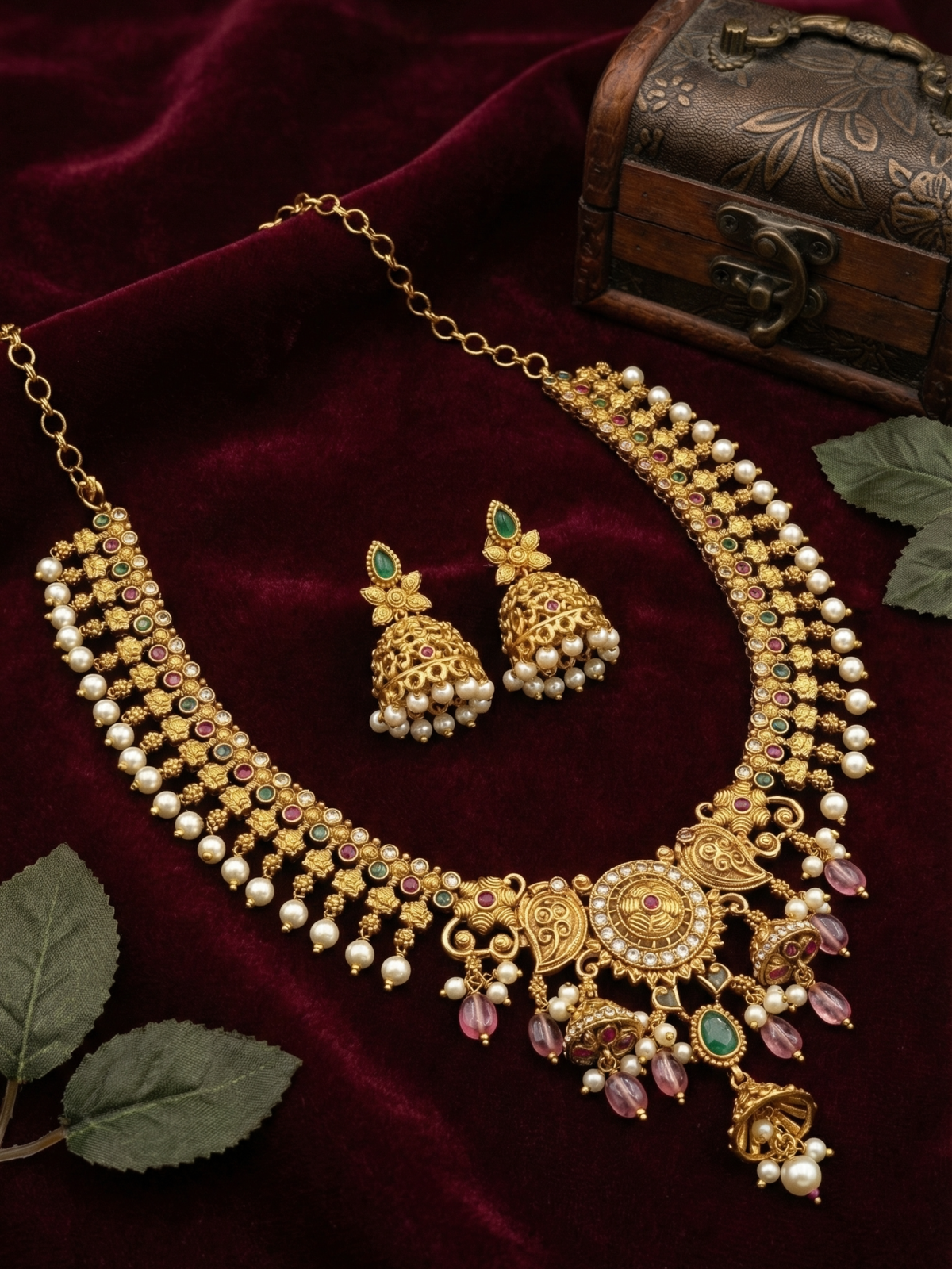 Antique Gold Beaded Floral Necklace Set with Pearls & Jhumka Earrings