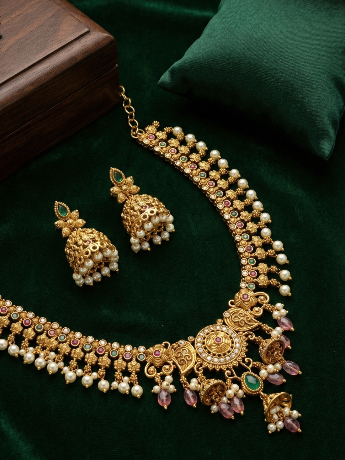 Antique Gold Beaded Floral Necklace Set with Pearls & Jhumka Earrings