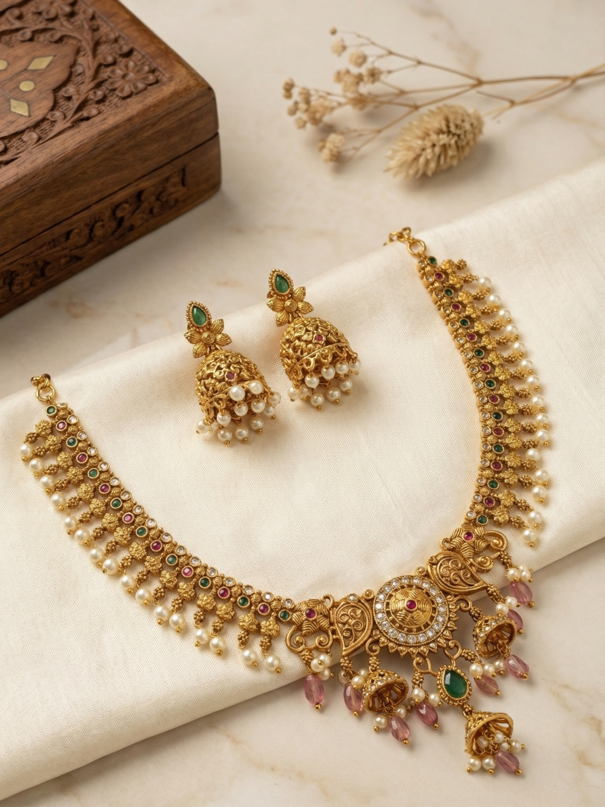 Antique Gold Beaded Floral Necklace Set with Pearls & Jhumka Earrings