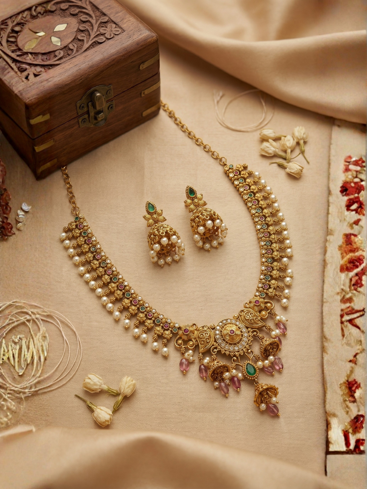 Antique Gold Beaded Floral Necklace Set with Pearls & Jhumka Earrings
