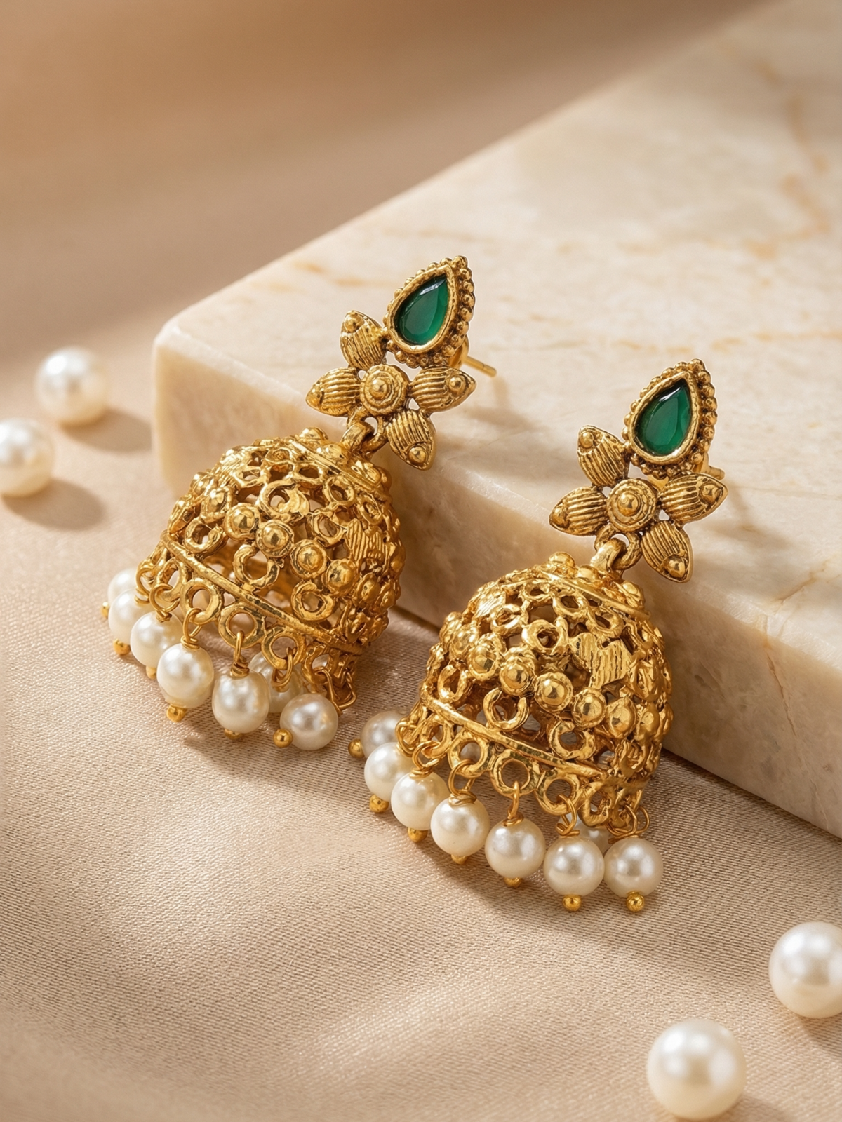 Antique Gold Beaded Floral Necklace Set with Pearls & Jhumka Earrings