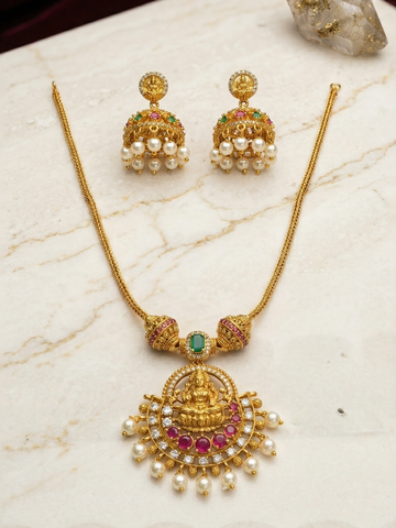Aishwarya Lakshmi Pink Antique Set with colourful Jhumkas