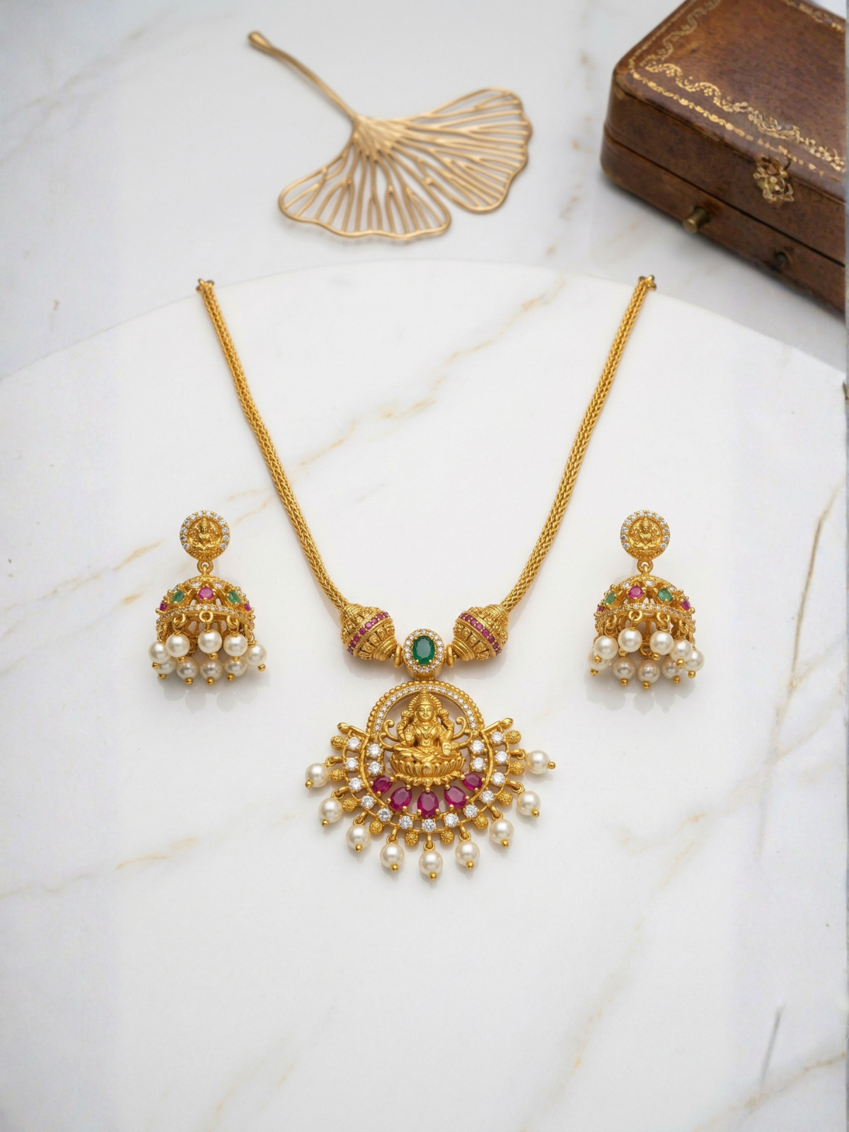 Aishwarya Lakshmi Pink Antique Set with colourful Jhumkas