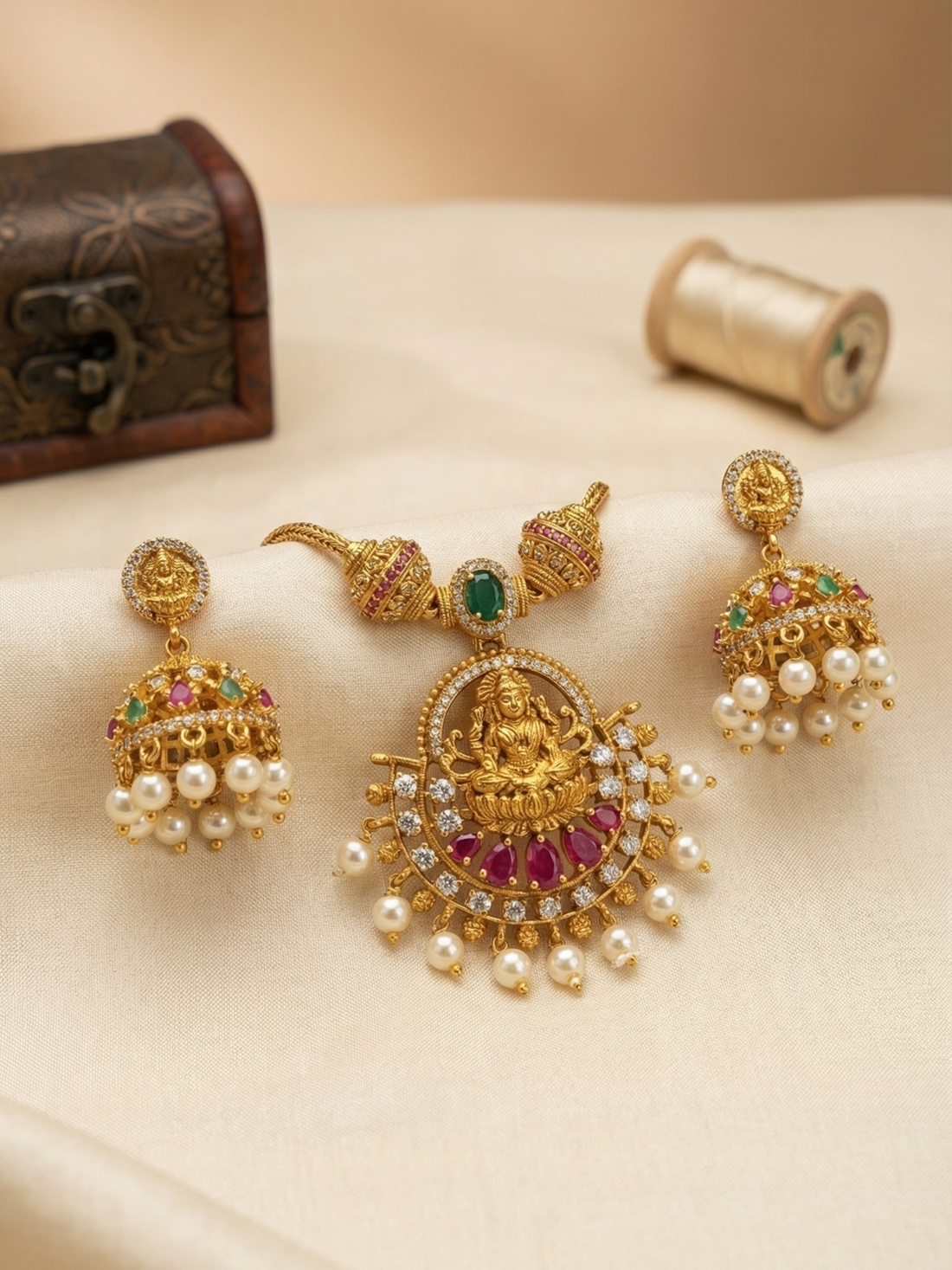 Aishwarya Lakshmi Pink Antique Set with colourful Jhumkas