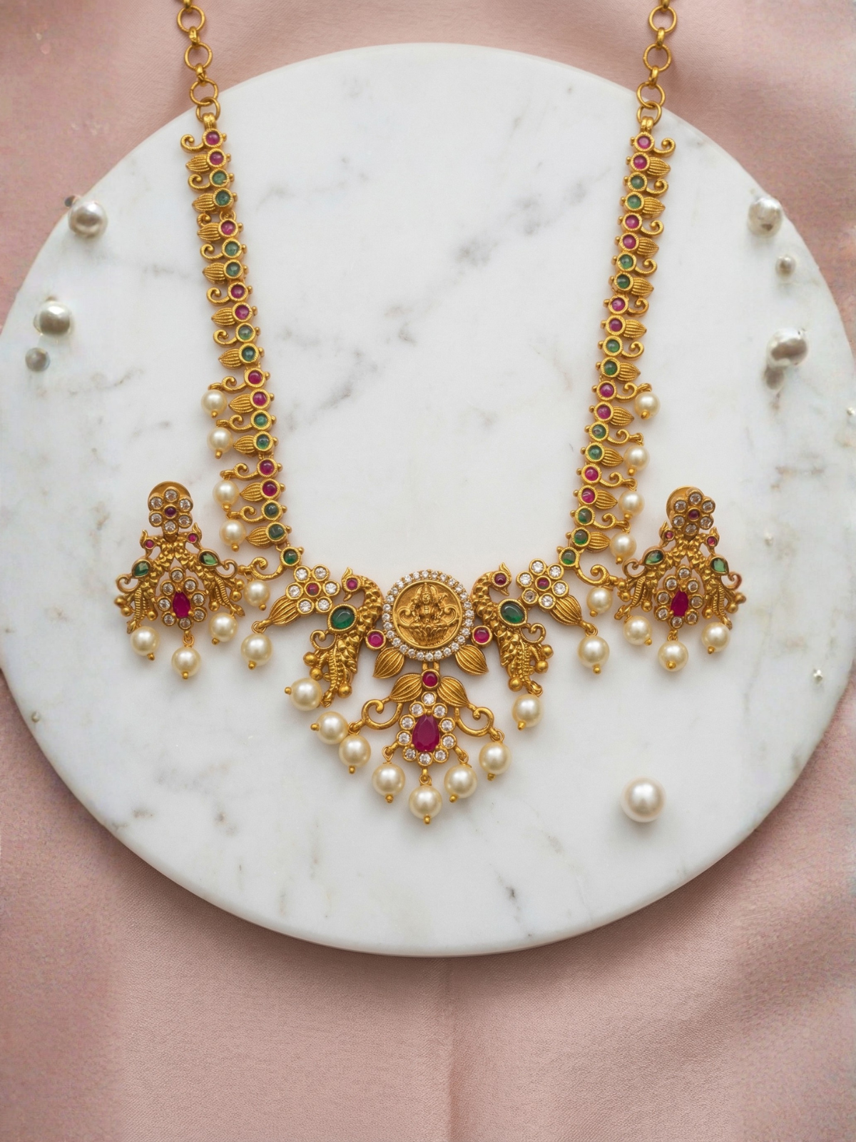 Antique Gold Peacock Temple Necklace Set