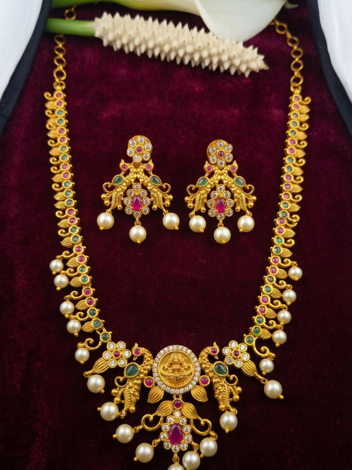 Antique Gold Peacock Temple Necklace Set