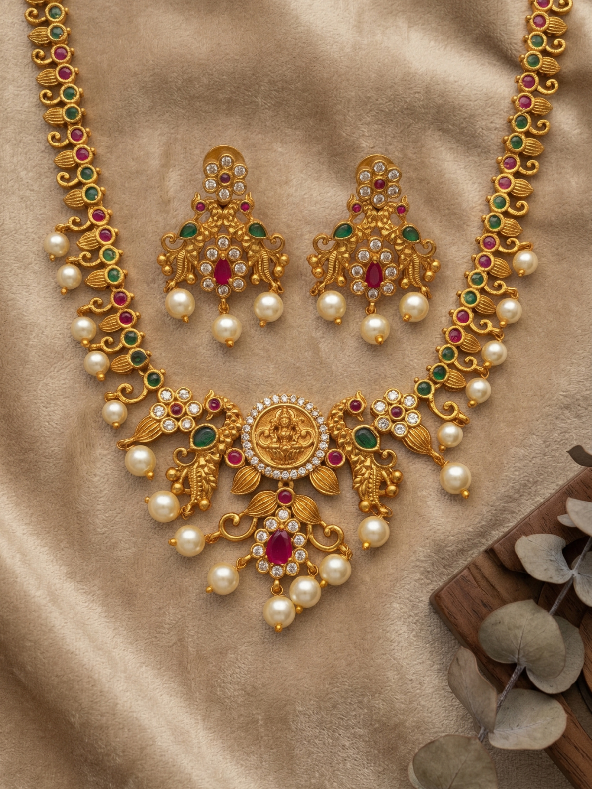 Antique Gold Peacock Temple Necklace Set