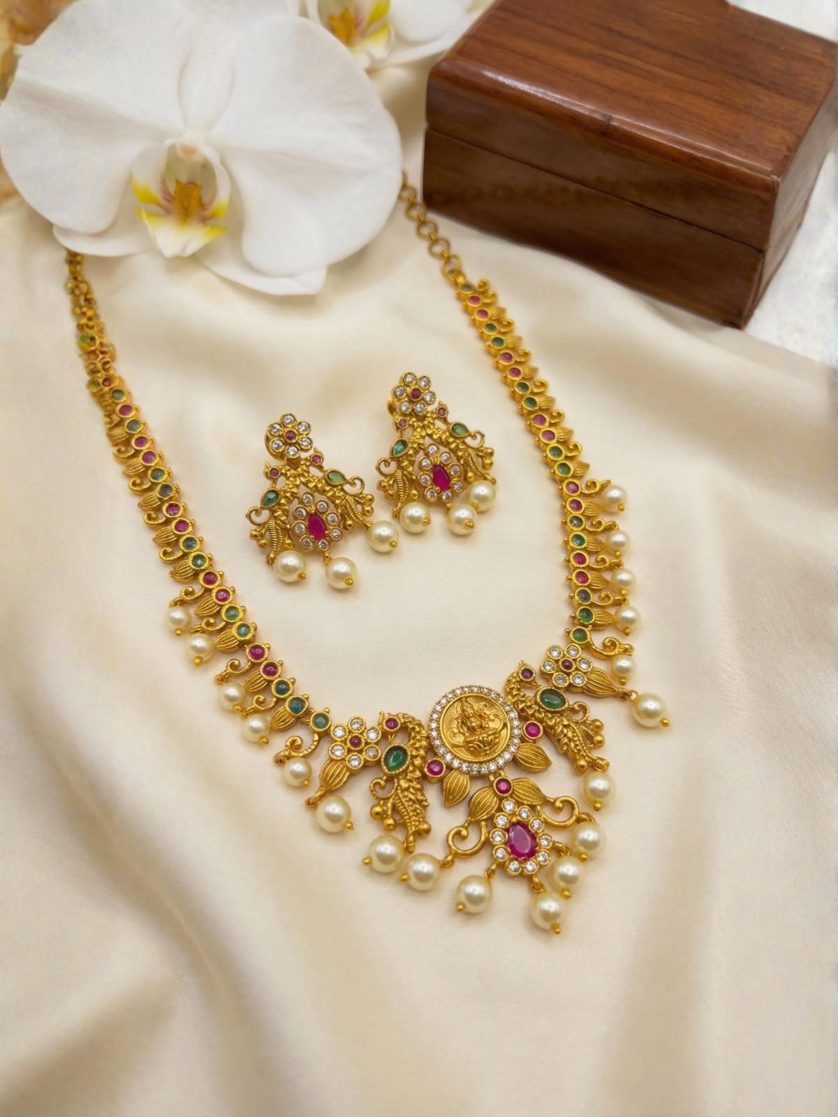 Antique Gold Peacock Temple Necklace Set