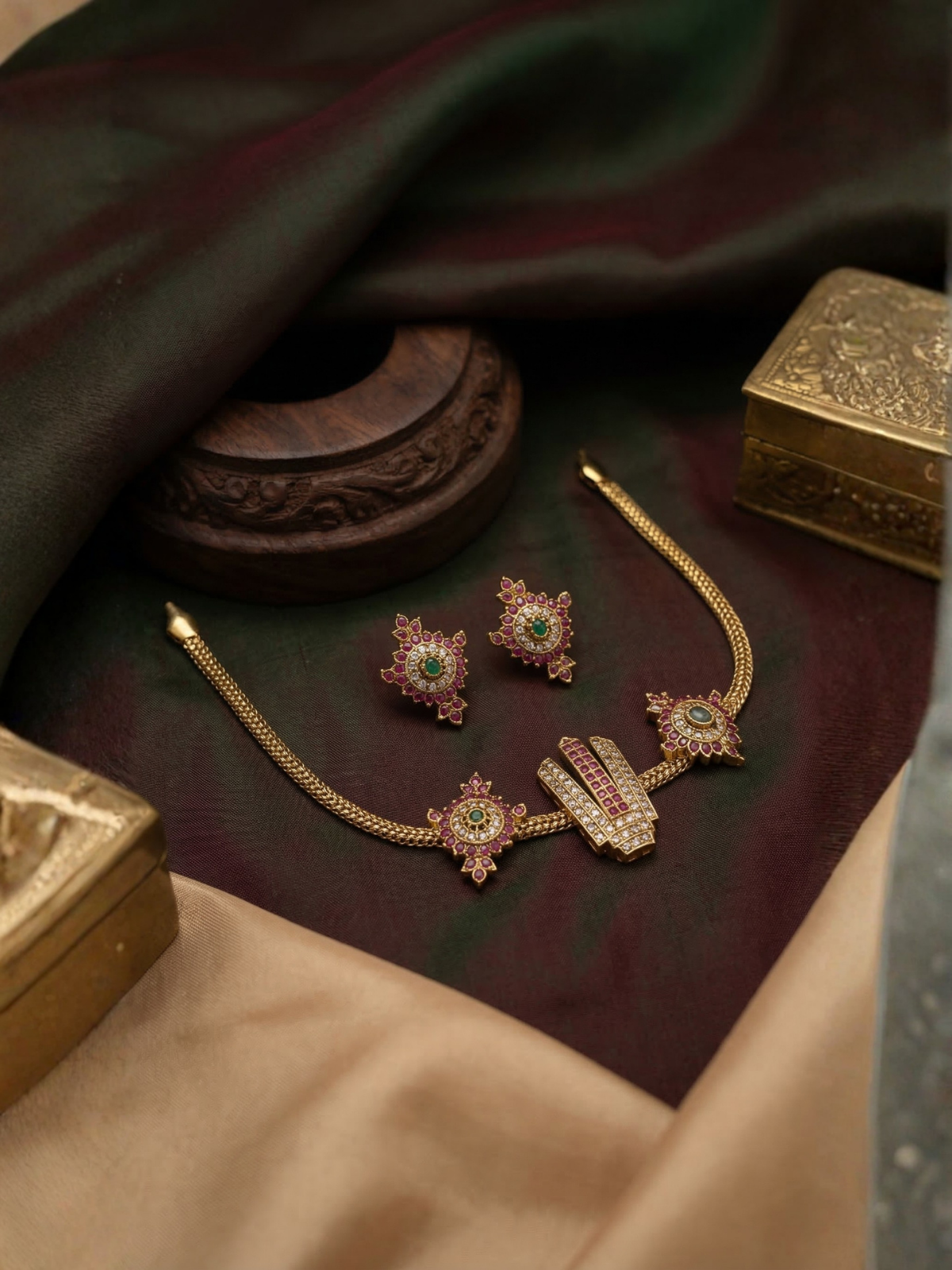 Venkateswara Nama CZ Choker Set with Earrings