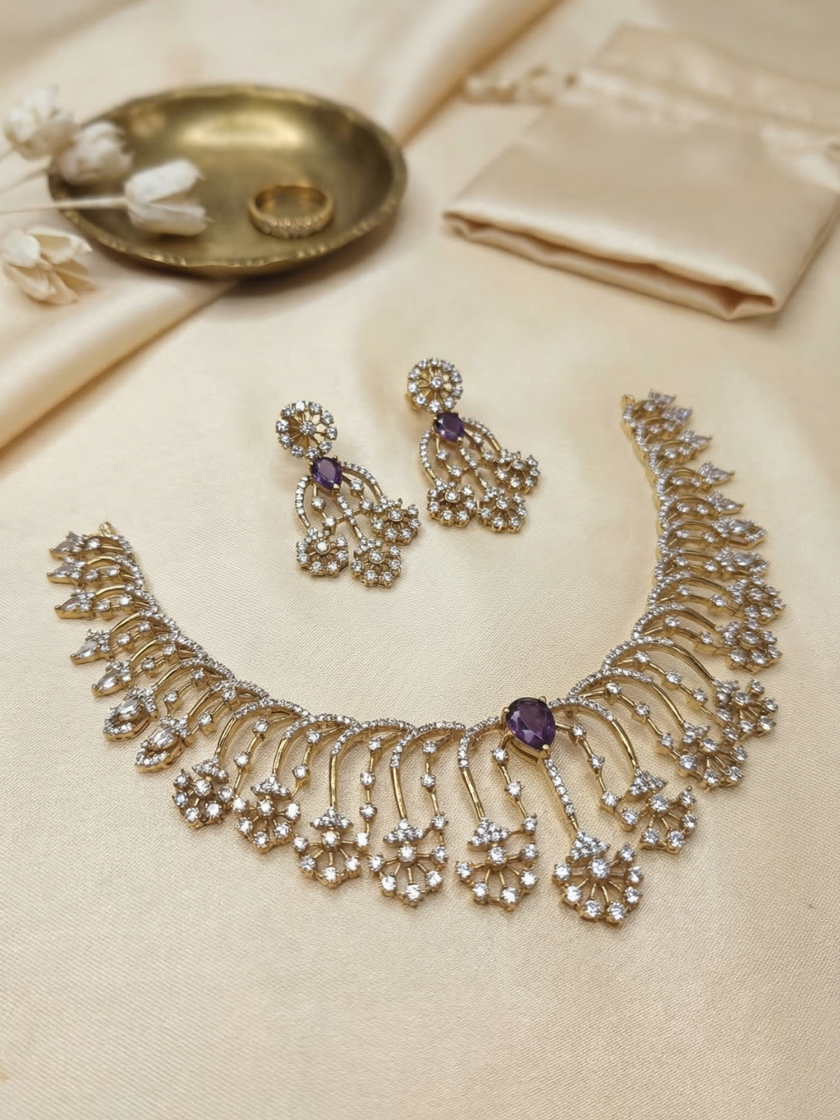 Purple Stone CZ Floral Fringe Necklace Set with Earrings