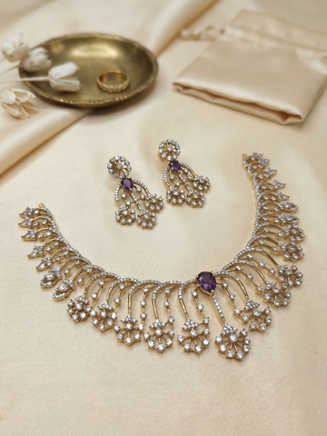 Purple Stone CZ Floral Fringe Necklace Set with Earrings