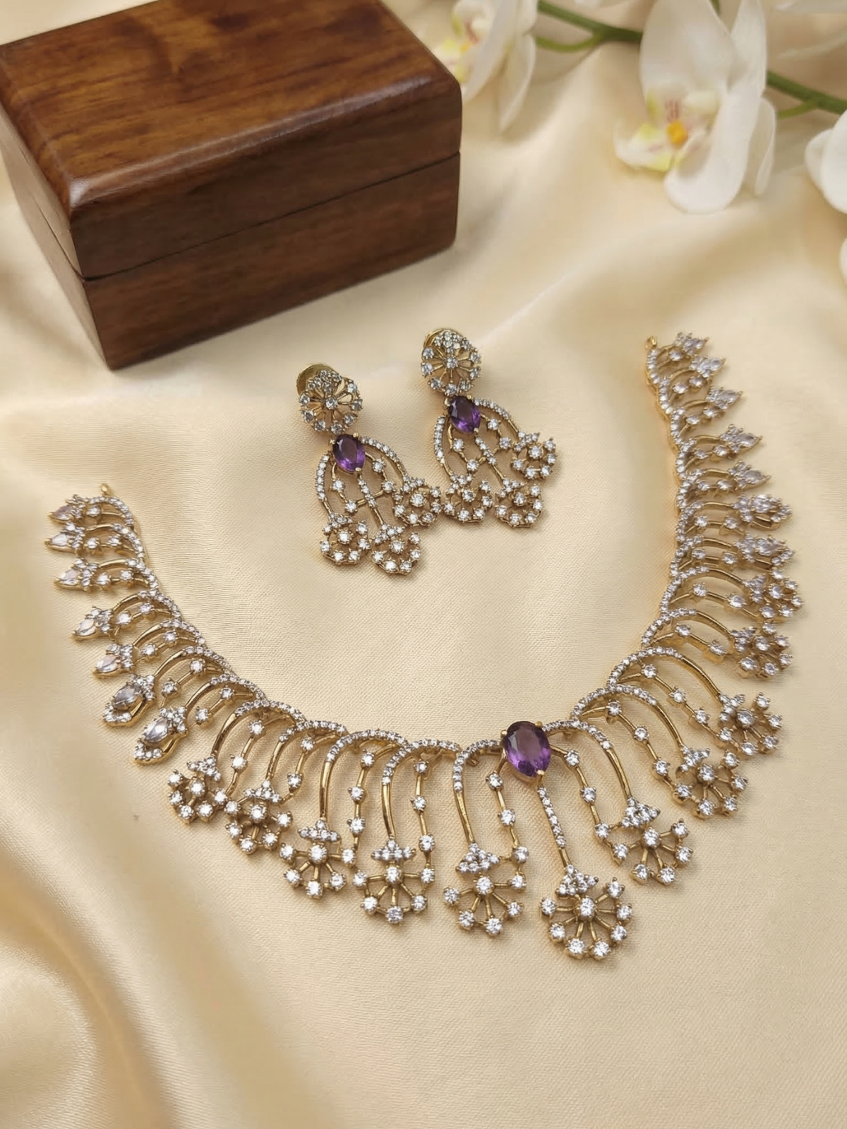 Purple Stone CZ Floral Fringe Necklace Set with Earrings