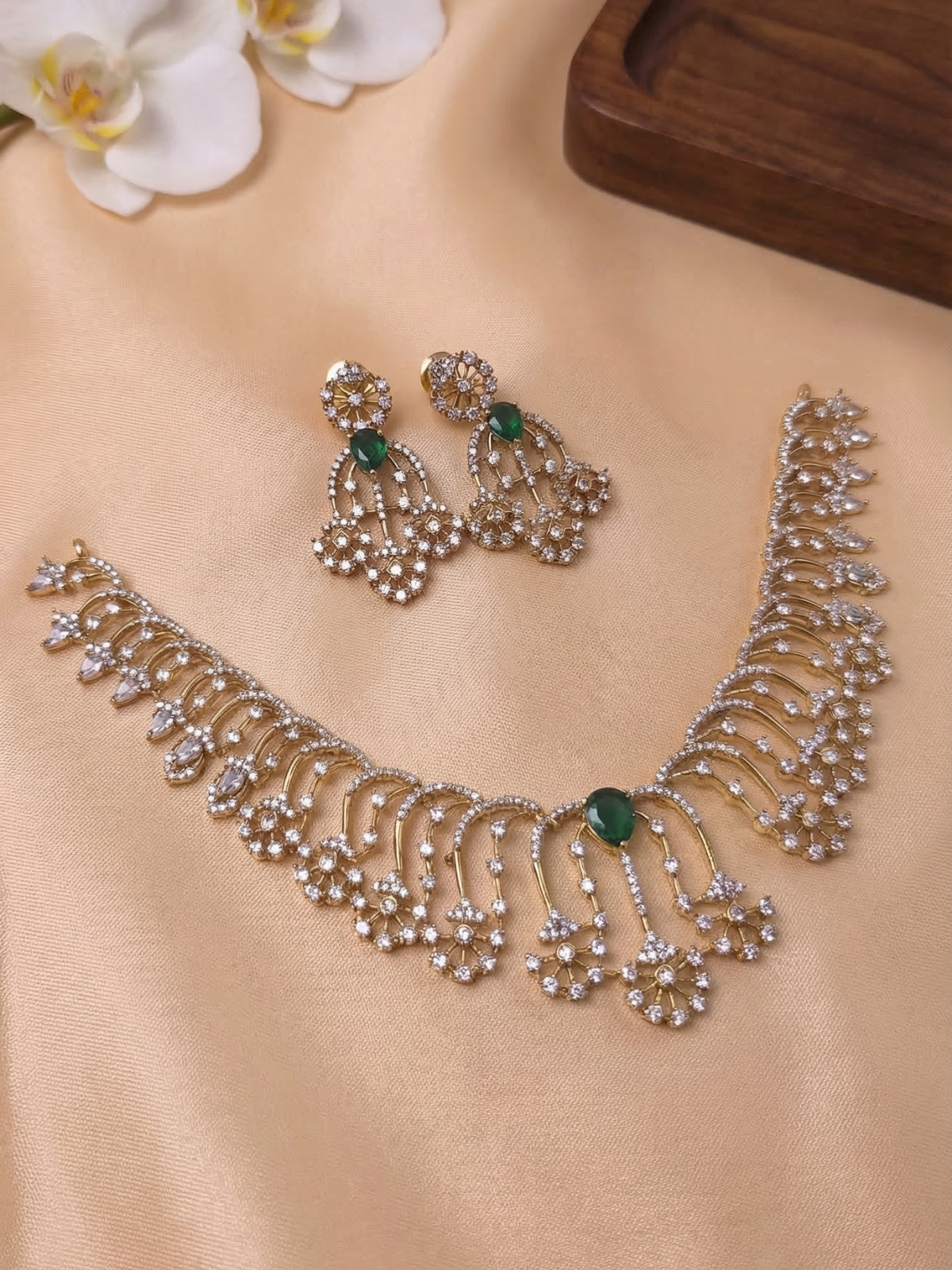 Emerald Green Stone CZ Floral Fringe Necklace Set with Earrings