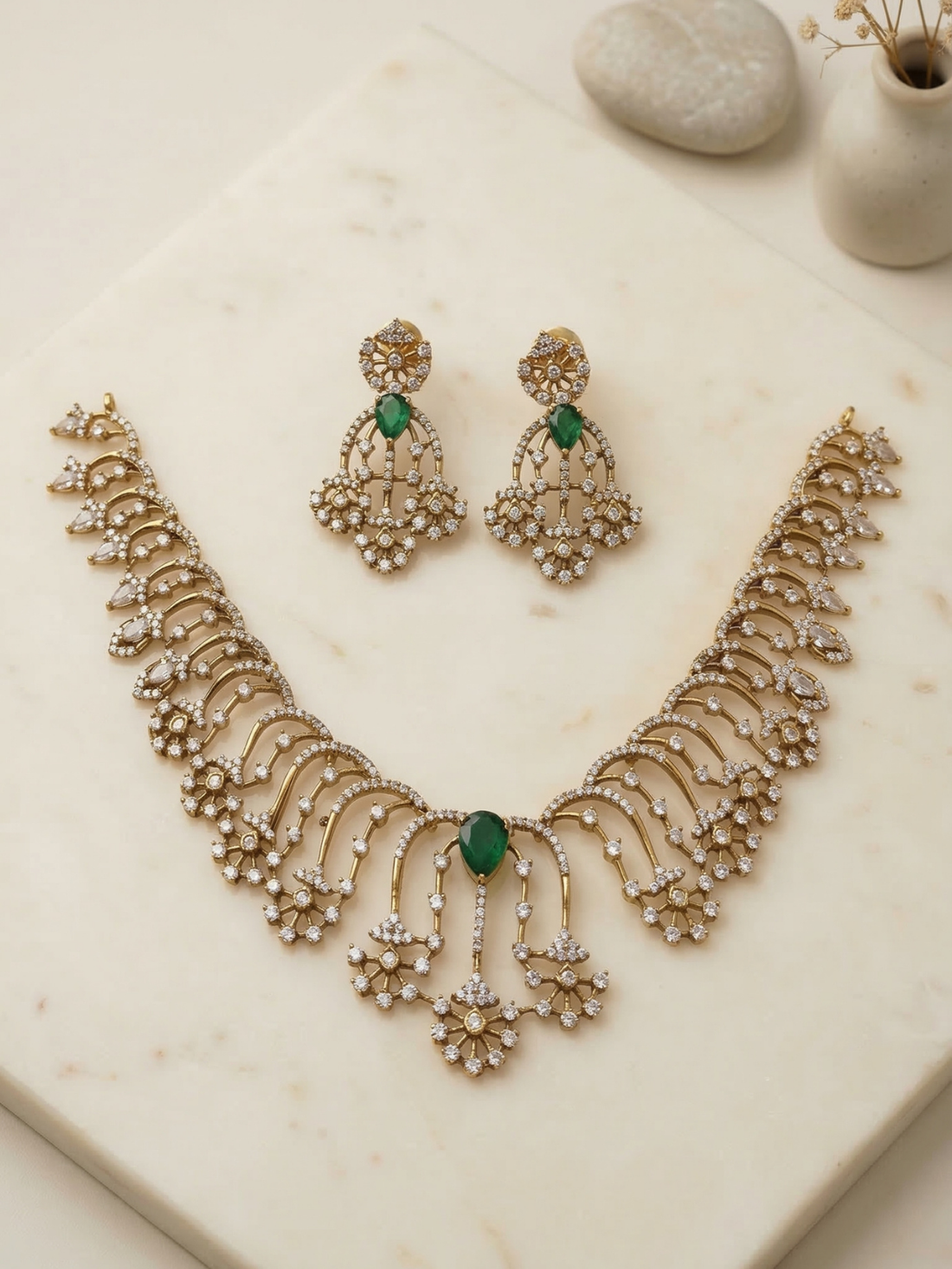 Emerald Green Stone CZ Floral Fringe Necklace Set with Earrings