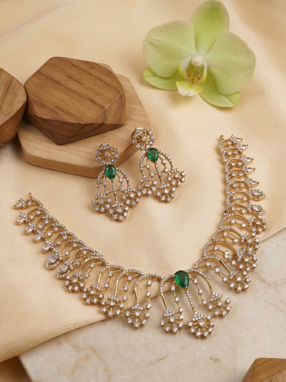 Emerald Green Stone CZ Floral Fringe Necklace Set with Earrings