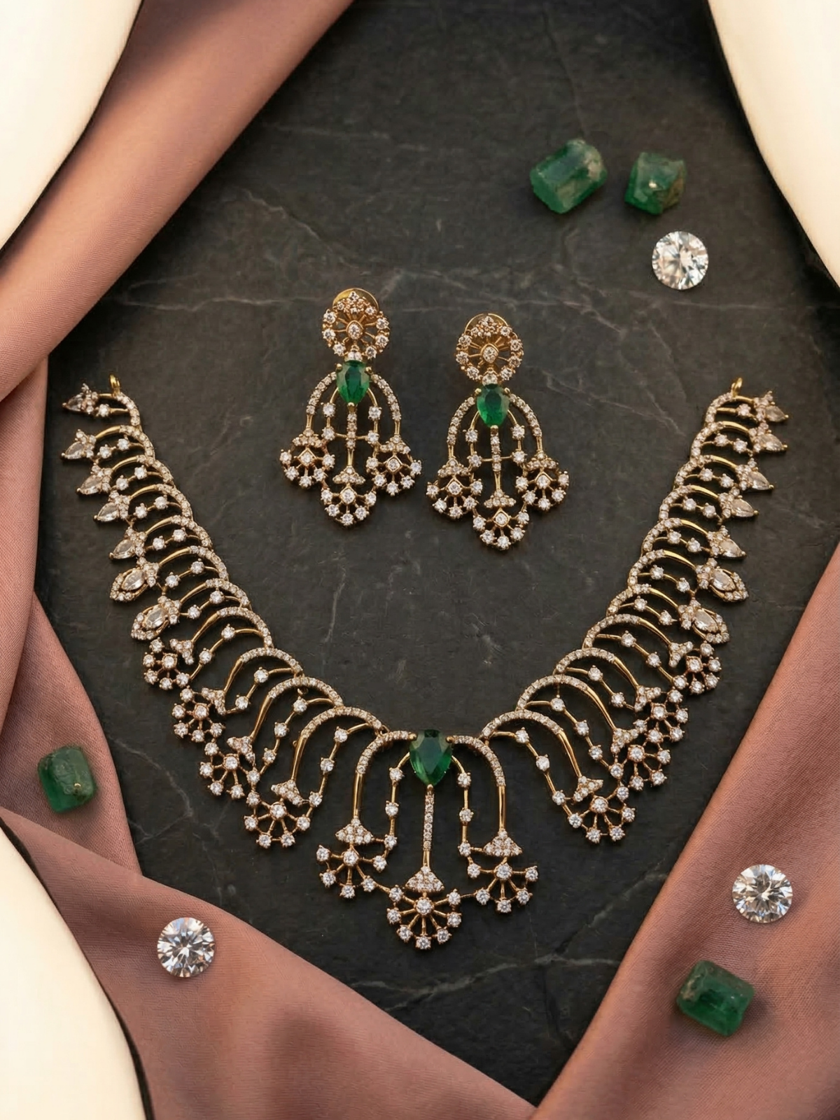 Emerald Green Stone CZ Floral Fringe Necklace Set with Earrings
