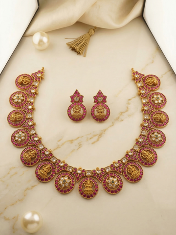 Lakshmi Kemp Stone Temple Necklace Set with Coin Design